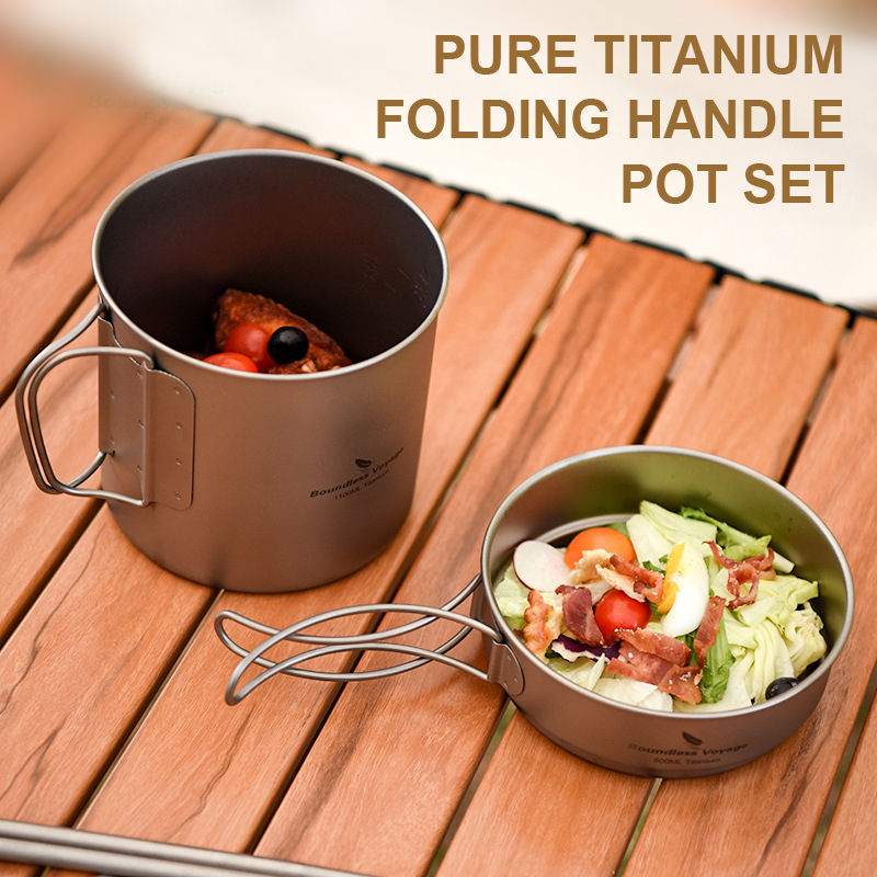 Camping Cooking Pots And Pans Set - 순수 티타늄 접이식 손잡이 냄비 세트,